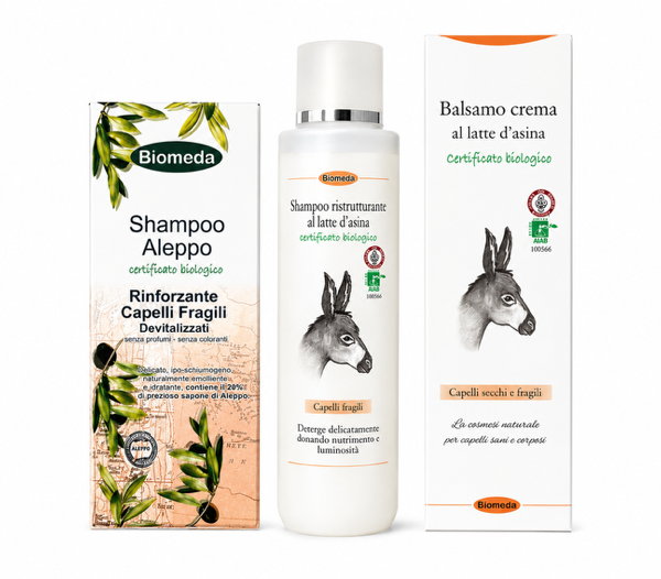Kit Capelli Fragili e Trattati – Shampoo Aleppo e Latte d’Asina Ristrutturante 3 Prodotti
