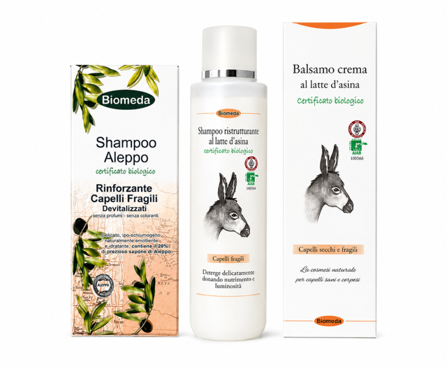 Kit Capelli Fragili e Trattati – Shampoo Aleppo e Latte d’Asina Ristrutturante 3 Prodotti