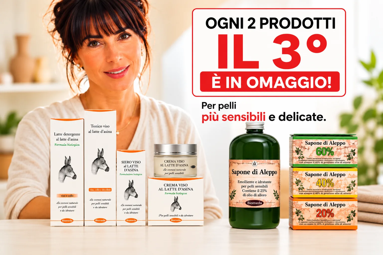 Cosmetici naturali Biomeda per pelli delicate e sensibili - Latte d'asina, bava di lumaca e sapone di Aleppo