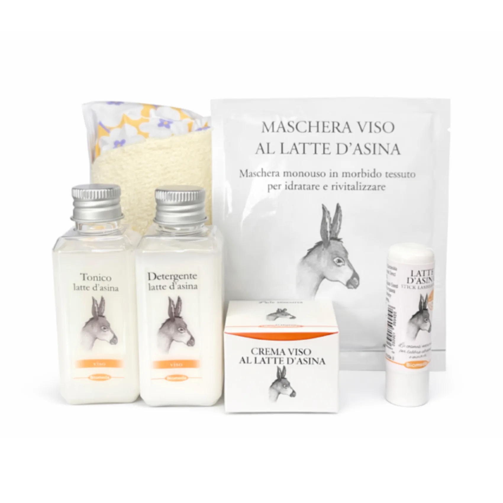 Kit Skincare Travel Size Latte d’Asina con Guanto Struccante Pelle Sensibile 5 Prodotti