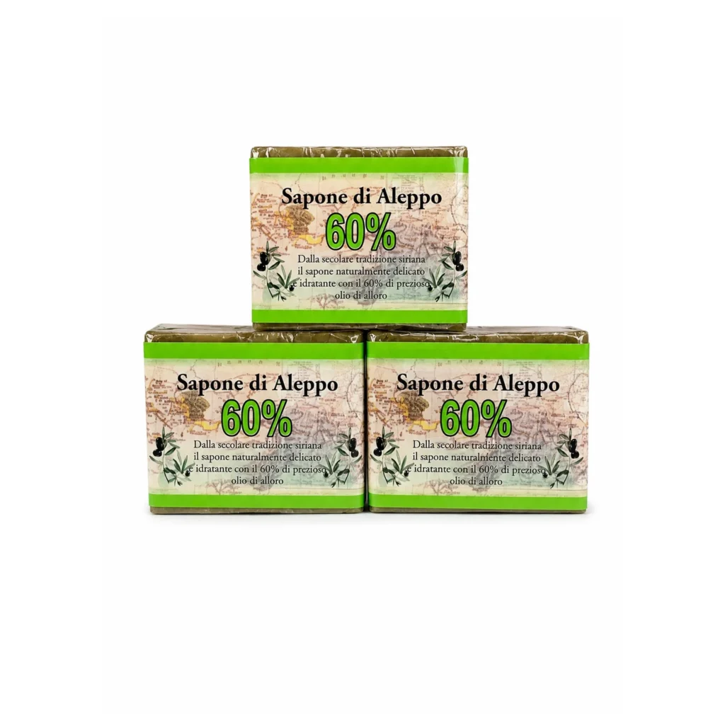 3 x Sapone di Aleppo 60% Olio di Alloro Delicato per Viso, Corpo e Mani 200 g