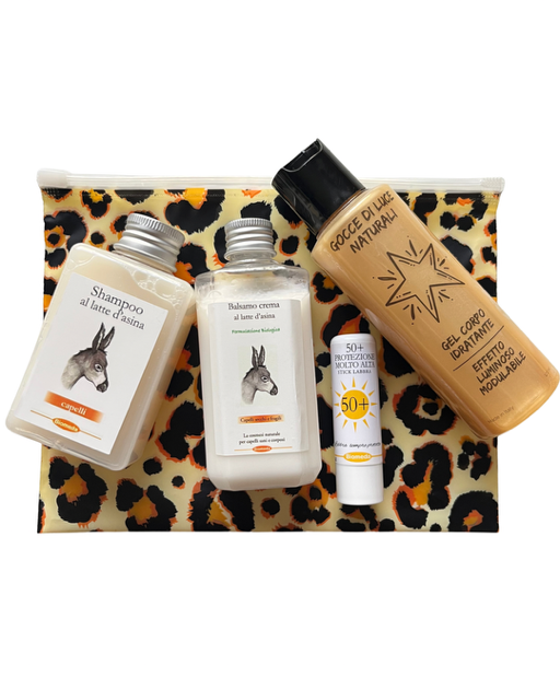 Il kit perfetto per il mare: shampoo e balsamo al latte d’asina da 100 ml, stick solare SPF 50+ e gel corpo illuminante. Formato viaggio, ideale per vacanze e weekend.