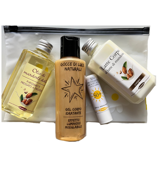 Kit idratazione profonda: olio di mandorle dolci puro pressato a freddo, latte corpo alla mandorla, stick labbra SPF 50+ e gel corpo illuminante.
